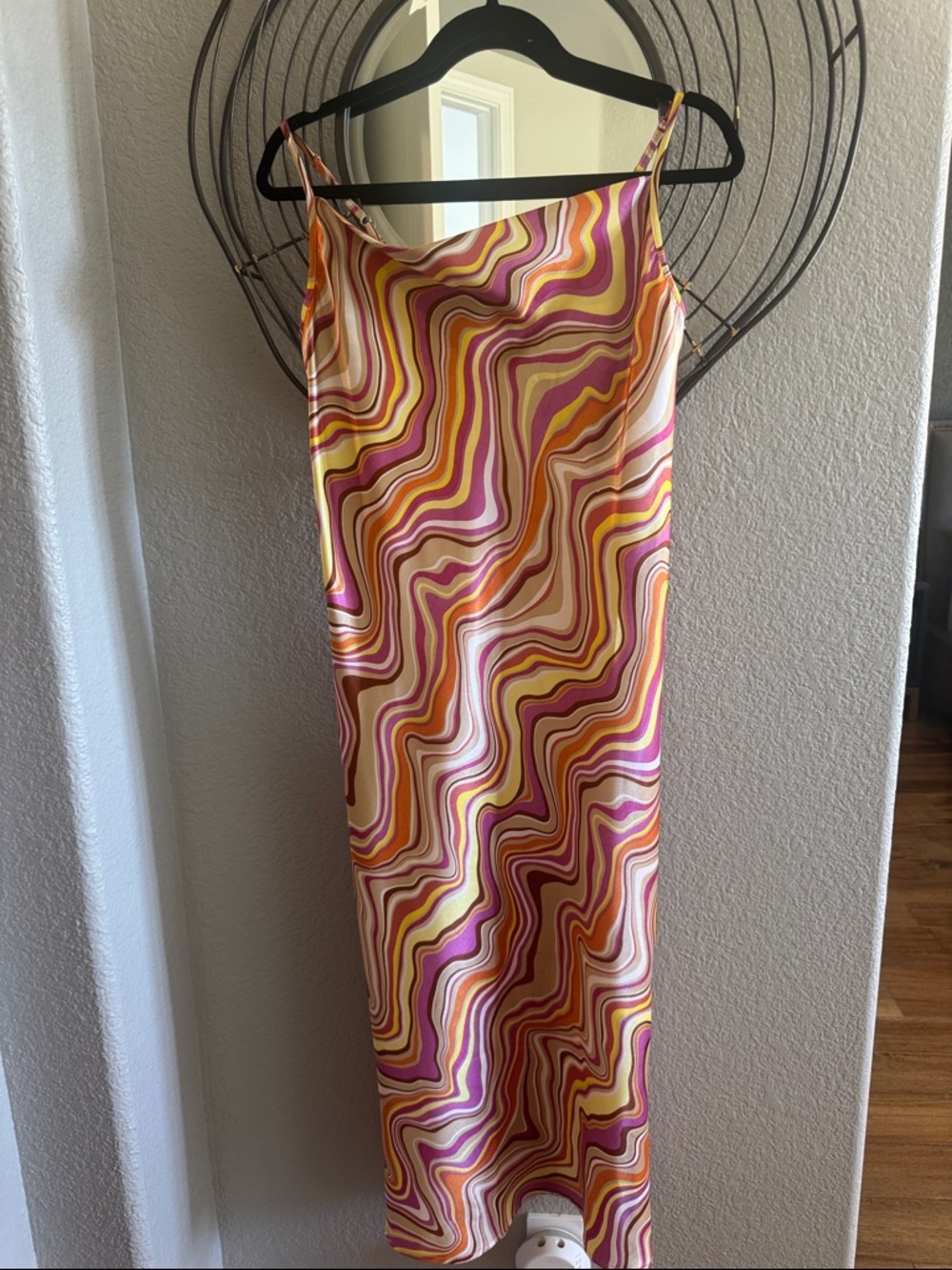 Sleeveless Midi Slip Dress in Pink & Yellow Swirl